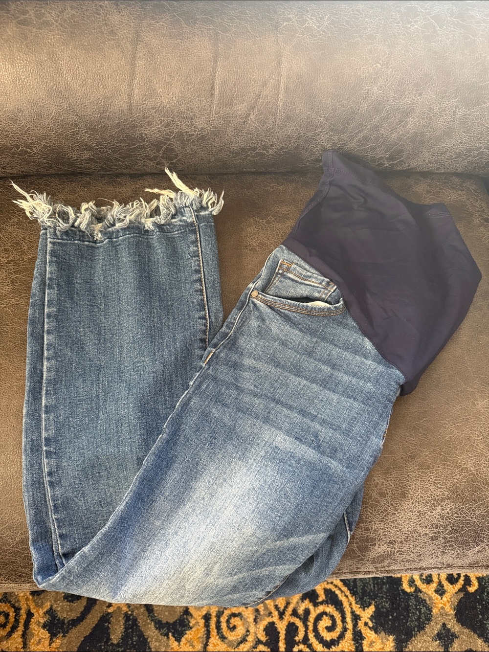 Pinkblush Blue Denim Maternity Ankle Jeans with Navy Stretch Panel